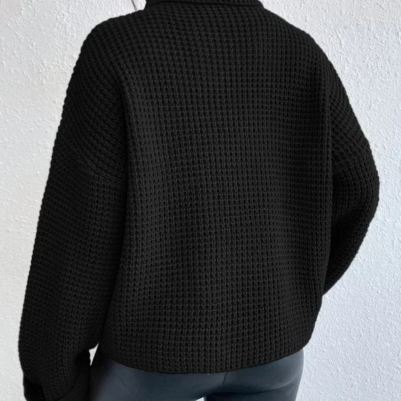 Black Casual Womens Turtleneck Drop Shoulder Waffle Knit Sweater - Picture 2 of 5